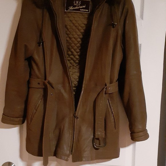 Winter Coat Natural Leather jacket with belt, hood, removable warm lining size s - Picture 3 of 8